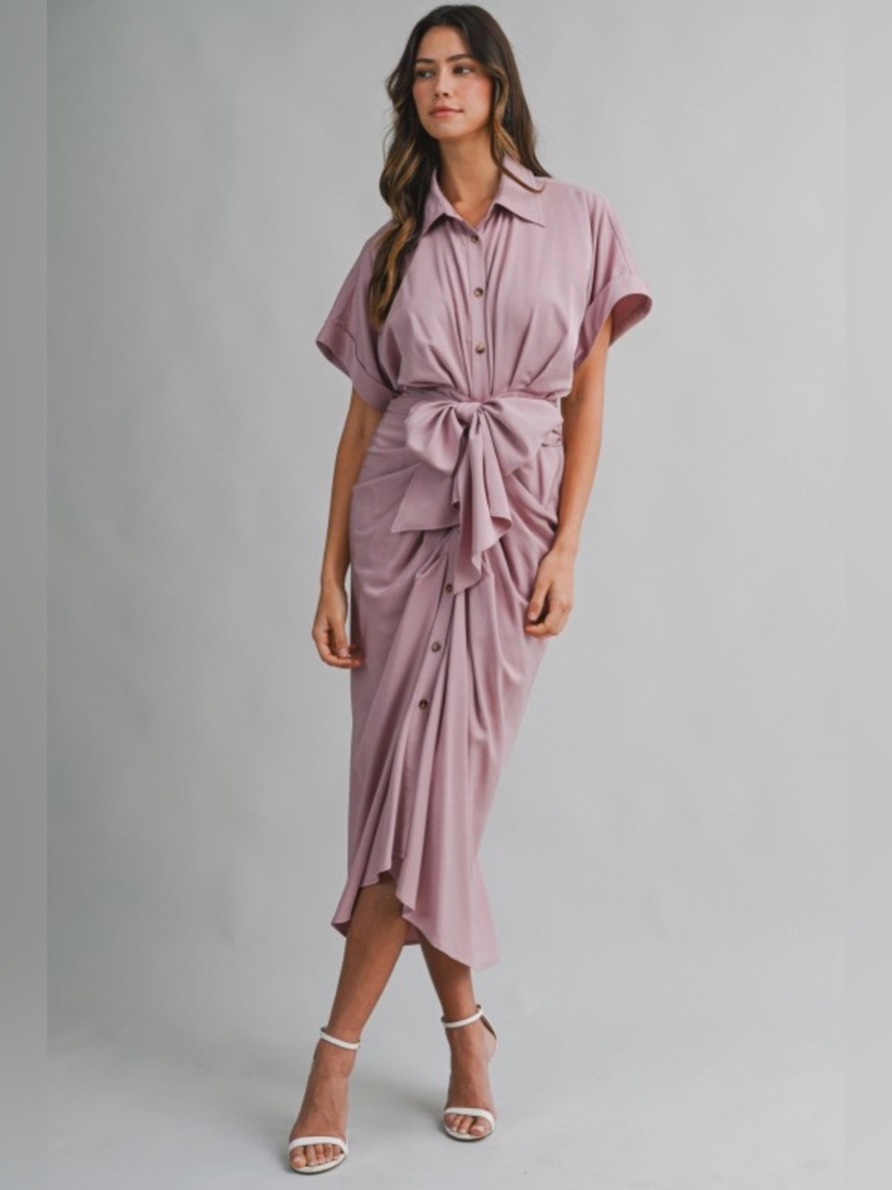 A705. Mable Tie-Front Midi Shirt Dress in Dusty Mauve - Picture 2 of 6